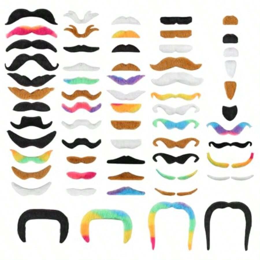 Vivinin 62PCS Fake Mustache, 18 Designs Self-Adhesive Fake Mustaches, Novelty Hairy Fake Beard For Role-Playing, Halloween, Birthday Party, Christmas - As Pic - View 1