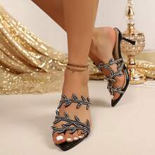 New Metal Silver Rhinestone Branch Pointed Toe Stiletto Heel Half-Slip Large Size Wide Feet Elegant Party Date Versatile High Heel Sandals - Black - View 3