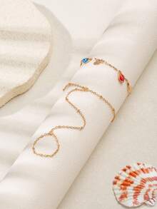 2pcs/Set Gold-Tone Copper Material Connected Finger Bracelet With Mysterious Demon Eye Tassel Back-Of-Hand Chain, Charming Women's Jewelry Suitable For Daily Wear And Party/Vacation Occasions, Colorful Beads On Handmade Chain Are Randomly Distributed - Multicolor - View 3