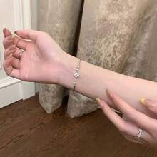 1pc French Chic Silver Rhinestone Four-Leaf Flower Half-Bangle Bracelet, Elegant Niche Fashion Hand Accessory For Women - four-leaf flower bracelet - View 2