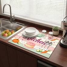 1 pieza Tapete absorbente para secar platos, tapete para cafetera, patrón de tema de cocina rosa lindo, protector de mesa antideslizante recortable, tapete decorativo de estilo pan, pastel y zanahoria, decoración de cocina - XYLSD701 - Ver 5