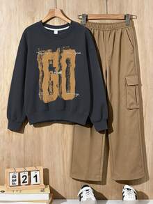 2pcs/Set Big Boys Outfit, Round Neck Sweatshirt With Simple Print Design, Paired With Minimalist Casual Cargo Pants, Comfortable Autumn/Winter New Style - Dark Grey - View 2