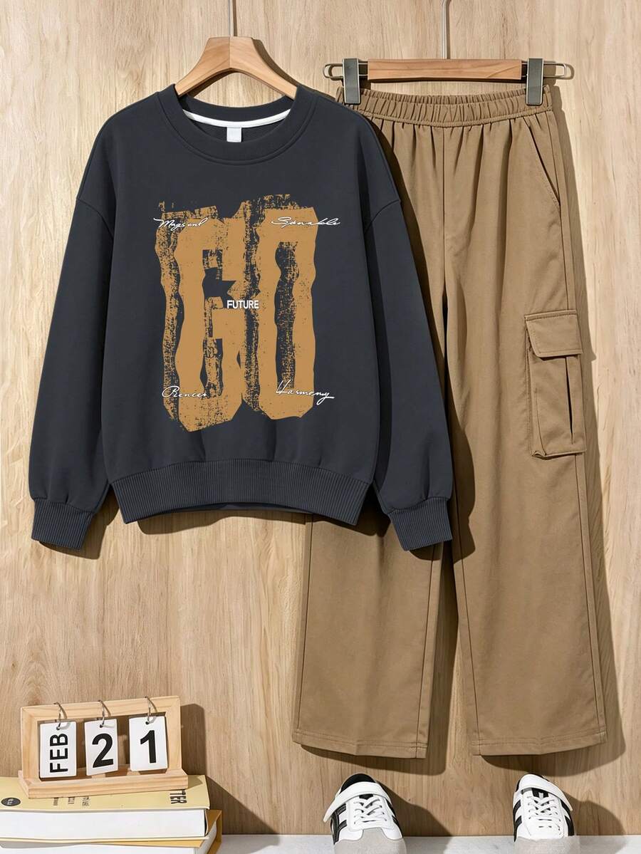 2pcs/Set Big Boys Outfit, Round Neck Sweatshirt With Simple Print Design, Paired With Minimalist Casual Cargo Pants, Comfortable Autumn/Winter New Style - Dark Grey - View 1