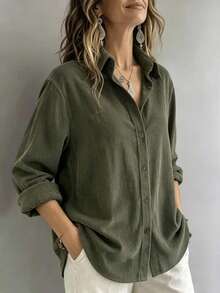 Women's Corduroy Shirt Solid Color Long Sleeve Button Down Collar Casual Loose Fit Top Fashion Daily Wear - Army Green - View 5