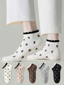 ZUJO 5 Pairs Women's Ankle Socks, Floral Pattern Lace Trim Short Socks, Simple And Comfortable, Suitable For All Seasons - Multicolor - View 4