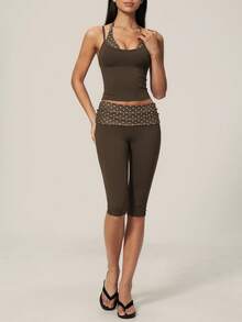 TimeOff Women's One Set Polka Dot 2 In 1 Patchwork V-Neck Halter Tank Top & Folded Waist Mid-Length Pants Sports Set - Brown - View 6