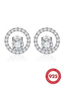 1 paire de boucles d'oreilles à tige rondes à double couche en argent sterling 925 ton argent avec strass complets, boucles d'oreilles de luxe minimalistes pour femmes, bijoux cadeau de couple pour fiançailles et mariage - or blanc - Voir 9