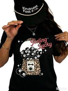Feeling Lucky Cherry Graphic T-Shirt For Women, Casual Short Sleeve Crew Neck Printed Tee, Aesthetic Y2K Summer Top, Holiday Vacation Spring Festival - 黑色 - 查看 17