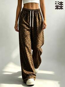 mulinsen Soft Silky Draping Leopard Print Wide Leg Pants, Elastic Waist Drawstring Loose Casual Straight Leg Long Pants, Suitable For Daily Streetwear - Khaki - View 3