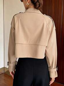 Khaki Double-Breasted Lapel Short Trench Coat, Loose Fit Slimming Casual Commuter Everyday Versatile Short Jacket - Khaki - View 4
