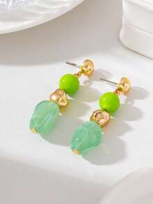 Long Bright Green & Marble Green Acrylic Beaded Drop Earrings, Summer Vacation Statement Earrings - Bright Green Mist Green - View 6