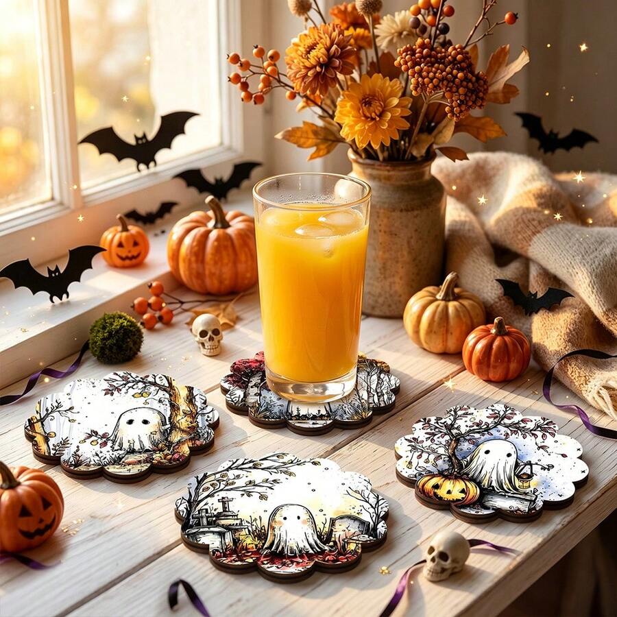 4pcs Farmhouse Style Halloween Wooden Coasters, 5mm Thick Watercolor Ghost Pumpkin Non-Slip Drink Coasters, Autumn Tabletop Home Decor - Multicolor - View 1