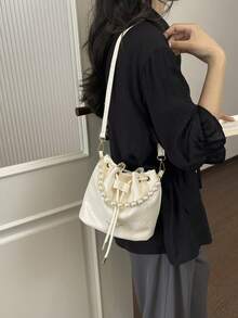Women Drawstring Bag Mini Sling Bag Bucket Bag Diamond Lattice Daily Outdoor Bag - Beige - View 4