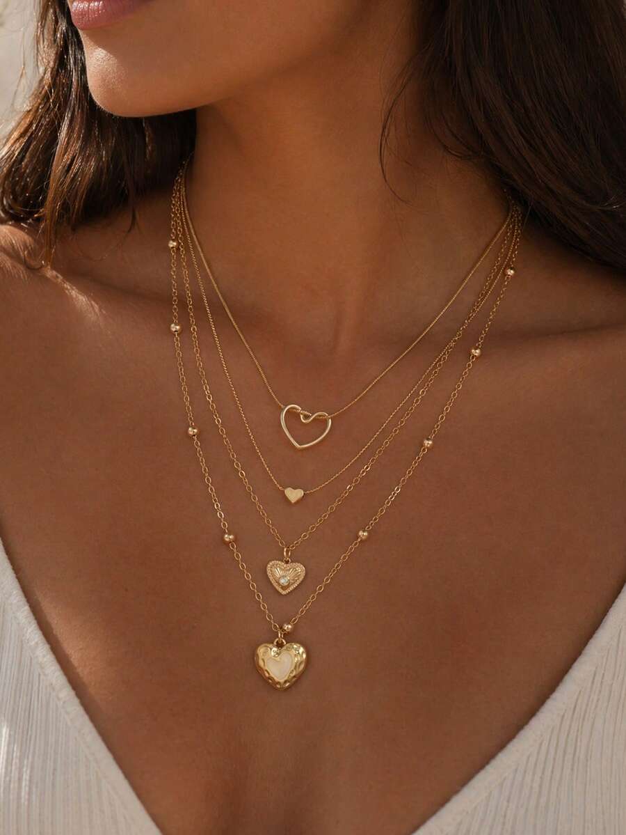 4pcs/Set Ins Minimalist Style Heart Pendant Layered Necklaces, Fashion Versatile Women's Neck Jewelry Suitable For Daily Wear, Dating And Vacation - Multicolor - View 1