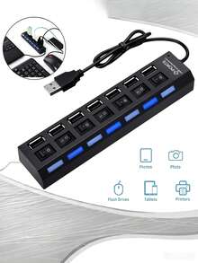 1pc 4-Port/7-Port USB 2.0 Adapter Hub, USB Charger With LED Indicator, Independent Power On/Off Switch, USB Expansion Dock, Power Adapter, 5V 1A USB Charging Station For Computer, Tablet, Laptop - Black - View 2