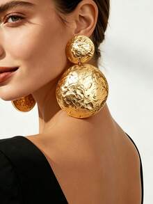 1 Pair European And American Minimalist Exquisite Artistic Style Glossy Gold-Plated Alloy Handmade Wrinkled Lava Texture Small Top Large Bottom Double Layer Round Hoop Long Earrings For Women, Commute, Banquet, Beach Vacation, Exaggerated Heavy Metal Earrings - Yellow Gold - View 3