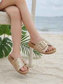 1 Pair Fashionable New Girls' Champagne Gold Glitter Single Strap Soft Sole Sandals, Adjustable Metal Buckle Slides, Summer Non-Slip Soft Sole Princess Slippers, Suitable For 3-16 Years Old Medium To Large Children Birthday Party, Beach Vacation, Beach Play, Versatile Outdoor Wear Sweet Style Casual Beach Shoes - Gold - View 1