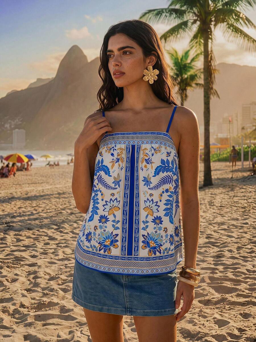 CAJUNI Women Floral Print Casual Boho Versatile Daily Wear Camisole Top Beach Vacation White Summer - Multicolor - View 1