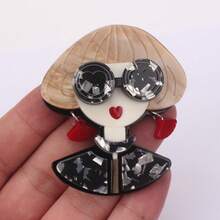Fashion Lady Acrylic Brooch Blonde Bob Sunglasses Red Tassel Earring Doll Figure Lapel Pin Women Coat Daily Party Fun Unique Statement Jewelry Gift - Multicolor - View 10