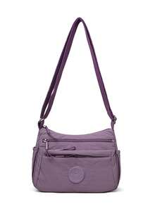 Casual Nylon Shoulder Bag With Adjustable Strap, Multi-Compartment Crossbody Bag, Solid Color, Zipper Closure, Polyester Lining, Lightweight For Daily Use - Purple - View 2
