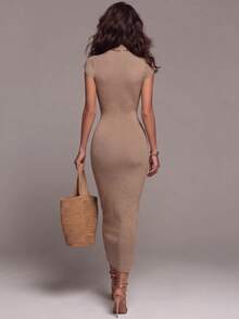 SEREN New Round Neck Short Sleeve Women's Knit Dress, Vintage Khaki Long Dress, Slim Fit Waist, Elegant Summer Urban Commute Office Dress - Camel - View 2