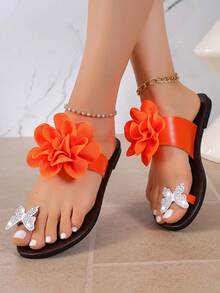 Women's 3D Floral Toe-Post Sandals, Flat Rhinestone Butterfly Pattern Flip-Flops, Summer Vacation Beach Casual Sandals - Orange - View 5