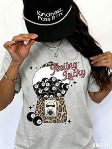 Feeling Lucky Cherry Graphic T-Shirt For Women, Casual Short Sleeve Crew Neck Printed Tee, Aesthetic Y2K Summer Top, Holiday Vacation Spring Festival - 灰色 - 查看 18