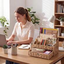 Rattan Woven Desktop Letter Storage Box With Drawer, 5-Slot File Organizer Rack, Tabletop Magazine Storage Basket, Dimensions: 12.4*6.1*7.87 Inches, Woven Decor Storage Organizer For Office Desk - Variants - View 7