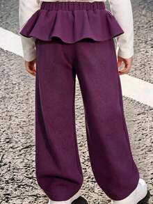Girls' Spring/Autumn/Winter Patchwork Pleated Ruffle Wide Leg Pants, Elastic Waist Design No Belly Pressure, Pair With Simple White T-Shirt For Instant Campus Fresh Look, Pair With Blouse For Street Cool Sweet Style, Suitable For Campus Wear, Outdoor Activities, Daily Wear, 8-13 Years Old - Purple - View 3
