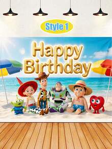 Disney 熱帶海灘生日派對背景布，椰子樹海洋全角色生日橫幅印刷攝影背景幕簾，抗皺加厚聚酯纖維材質，高畫質鮮豔生動角色印花 - 多款 - 查看 6
