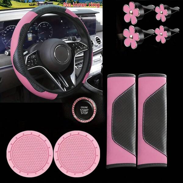 Juego de 10 piezas de accesorios para el interior del coche, funda para el volante, almohadillas para el cinturón de , alfombrillas para el portavasos, decoración para las rejillas de ventilación, combinación completa para el interior del coche, kit de interior de coche rosa para chicas, funda para el volante antideslizante, almohadillas para el hombro, alfombrillas para el portavasos, juego de clips de decoración con flores para las rejillas de ventilación