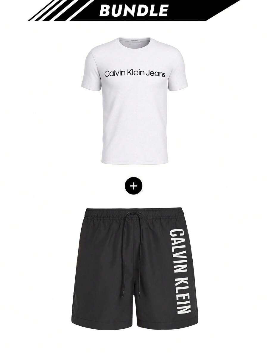 Calvin Klein [Bundle] Essential herr-T-shirts i klarvit + herr-badshorts i svart från vår/sommarkollektionen 2025 - Vit + Svart - Visa 1