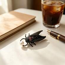 Black Cicada Insect Brooch Glossy Enamel Pink Rhinestone White Pearl Bug Lapel Pin Women Suit Coat Daily Gothic Unique Vintage Statement Jewelry Gift - Black - View 2