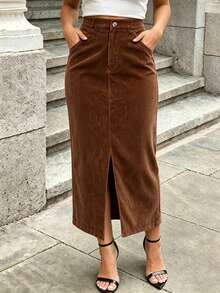 Plus Size Women's Elegant High Waist Bodycon Corduroy Skirt With Pockets, Suitable For Spring/Autumn Commute, Office And Daily Wear - Coffee Brown - View 4