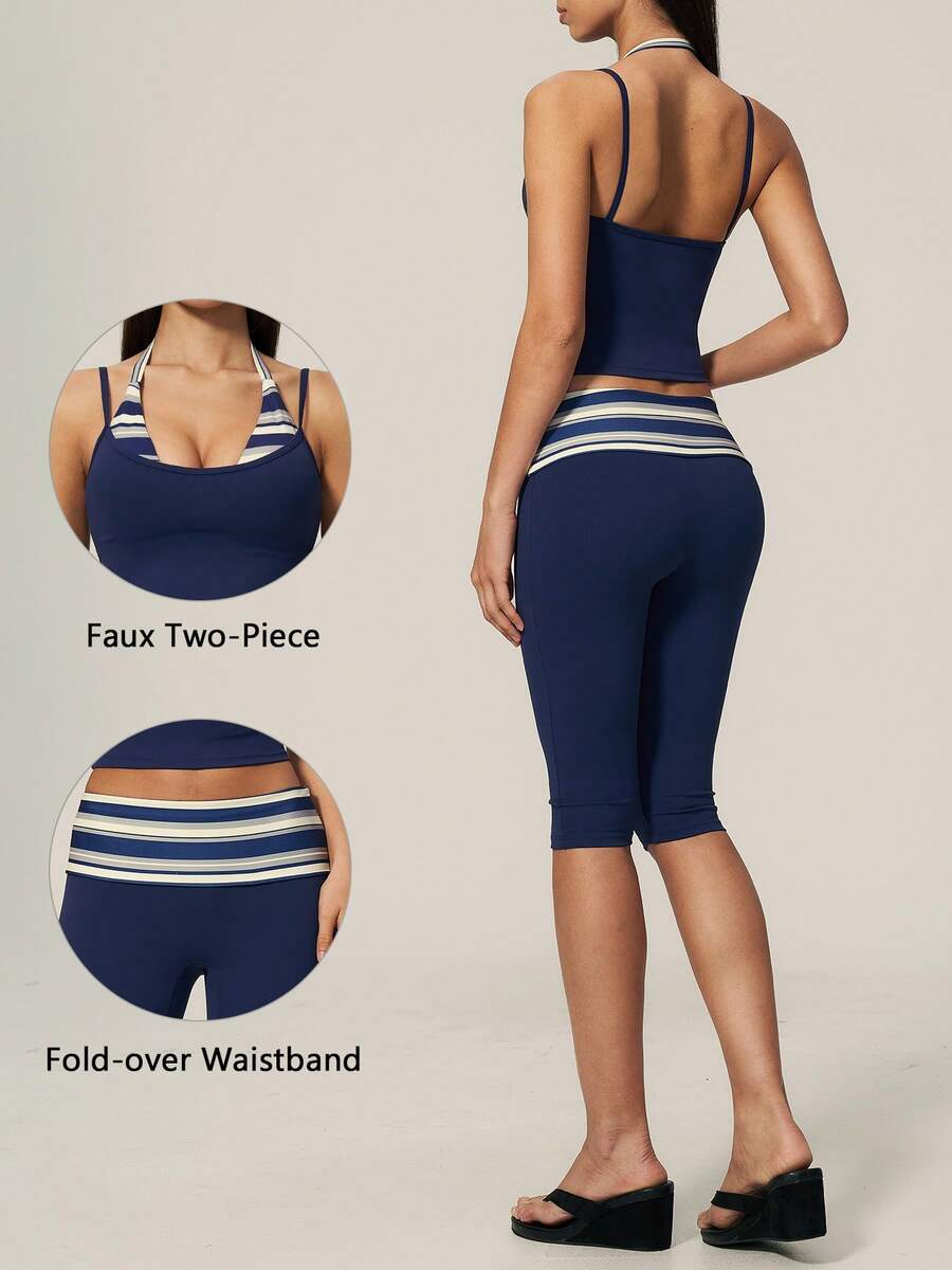 TimeOff Women's One Set Striped 2 In 1 Patchwork V-Neck Spaghetti Strap Double Shoulder Thin Strap Tank Top And Folded Waist Mid-Length Pants Sports Set - Blue - View 1