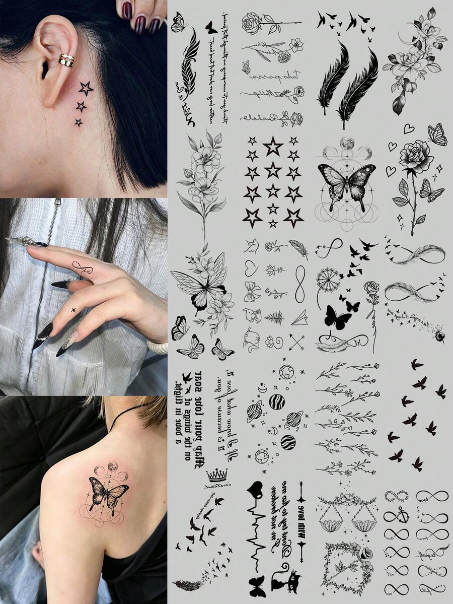 20 Tato Temporer Hitam, Tahan Air dan Tahan Lama, Termasuk Berbagai Desain Lucu dan Frasa Pendek Bahasa Inggris, Cocok untuk Liburan, Pesta, dan Penggunaan Sehari-hari Wanita. - Hitam - View 1