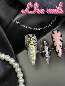 10pcs Handmade Fully Covered Stiletto Nails Press On Nails,Black Fake Nails,Glossy Minimalist Y2K Cool Harajuku Reusable,With Jelly Glue&Nail File,Suitable For Daily Festival Party Cosplay,Girly Wild Animal Print Edgy Cute Retro Manicure Gift - Black - View 5