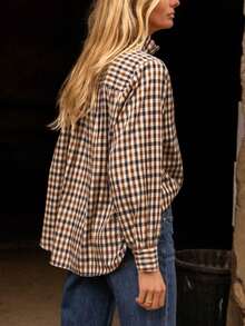 Women's Vintage Gingham Button-Down Shirt, Oversized Relaxed Fit Long Sleeve Blouse For Casual Everyday Wear - Brown and Blue Plaid - View 2
