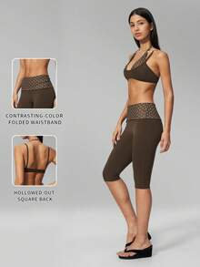 MFVIM Women's 2-Piece Yoga Set, Vintage 2 In 1 Camisole Top / Folded High Waist Slimming Capris Anti-Exposure - Brown With White Polka Dots - View 3
