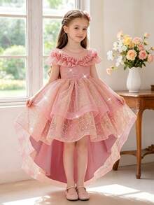 Young Girls Sequin Mesh Puff Princess Dress Elegant Party Train Gown Suitable For Banquet Stage, Headband Not Included - Dusty Pink - View 5