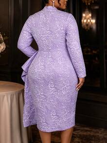 Gaun Midi Peplum Jacquard Bertekstur Elegan Lavender Ukuran Plus, Leher Tinggi, Lengan Panjang, Belahan Samping Depan Berkerut, Gaun untuk Acara Gereja, Pernikahan, dan Musim Gugur - Mauve Purple - View 4