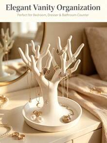 1pc Tree-Shaped Jewelry Organizer, White Resin Hand-Shaped Jewelry Display Tray, Ring Necklace Earring Display Stand, Suitable For Bedroom Vanity, Jewelry Key Tray, Vanity Decor Gift - Multicolor - View 1