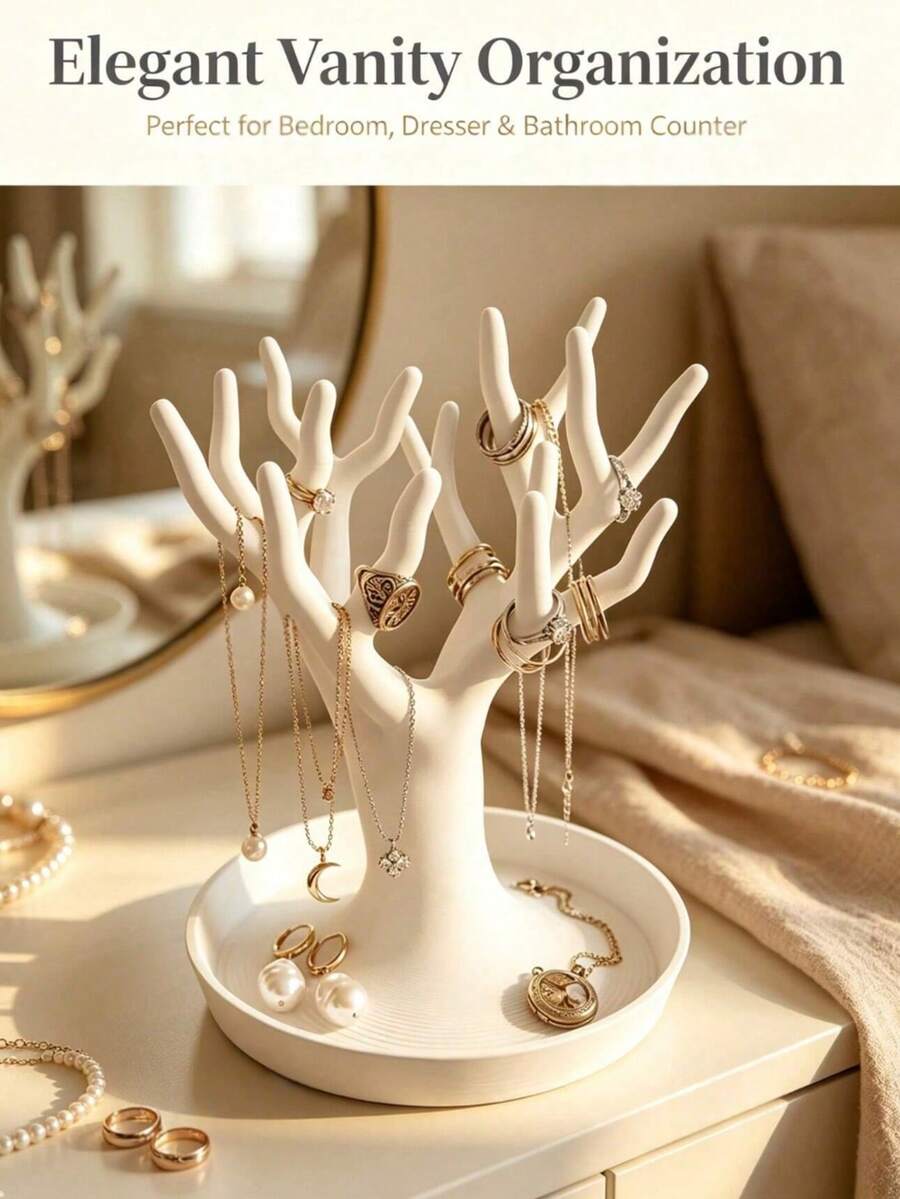 1pc Tree-Shaped Jewelry Organizer, White Resin Hand-Shaped Jewelry Display Tray, Ring Necklace Earring Display Stand, Suitable For Bedroom Vanity, Jewelry Key Tray, Vanity Decor Gift - Multicolor - View 1