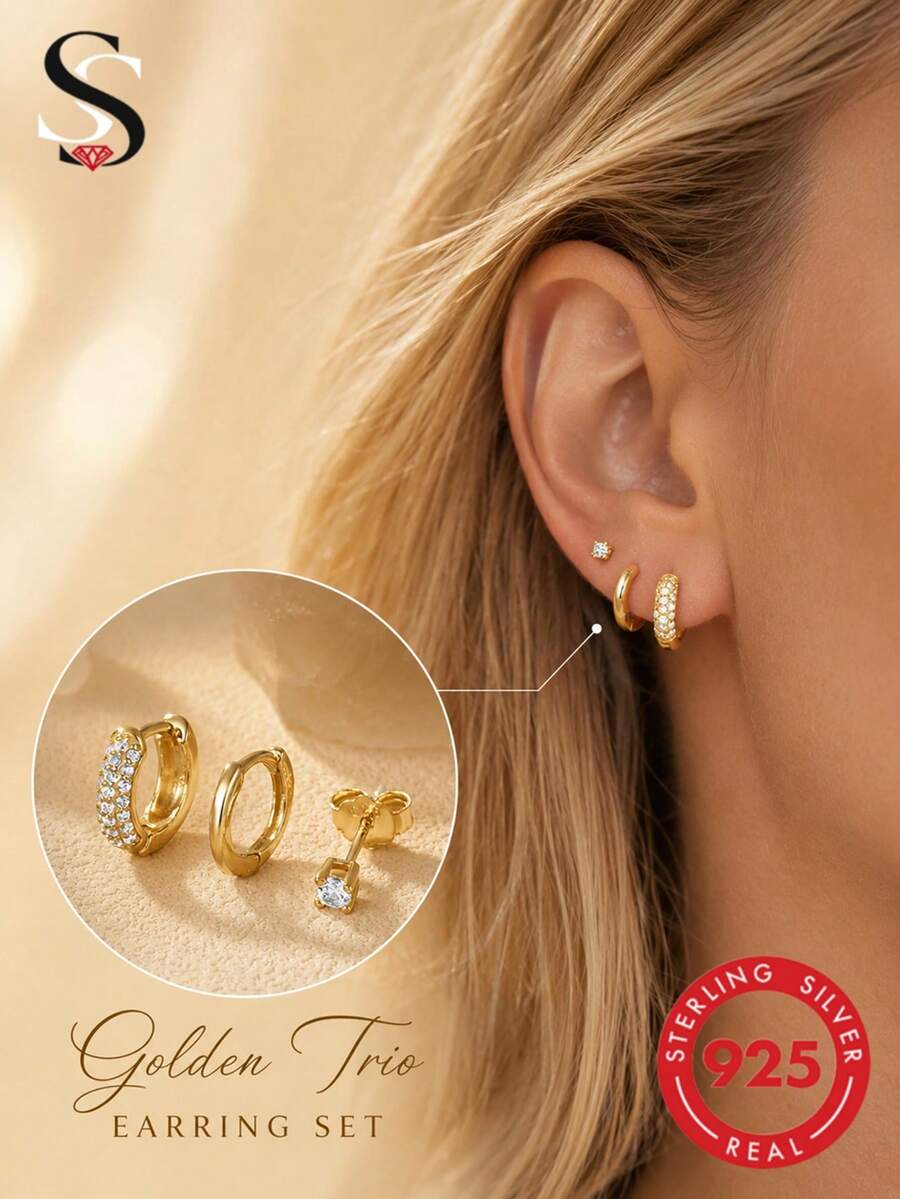 3pcs/Set Fashionable Evil Eye Cubic Zirconia 925 Sterling Silver Earring Set, Women's Summer Jewelry