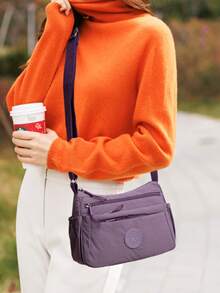 Casual Nylon Shoulder Bag With Adjustable Strap, Multi-Compartment Crossbody Bag, Solid Color, Zipper Closure, Polyester Lining, Lightweight For Daily Use - Purple - View 4