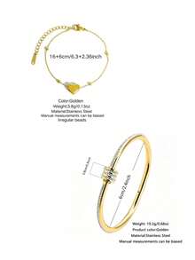2PCS Fashionable Elegant Style Geometric Glass Bracelet/Heart-Shaped Stainless Steel Bracelet Jewelry Set For Women, Suitable For Daily Wear/Valentine's Day Gift - Yellow Gold - View 13