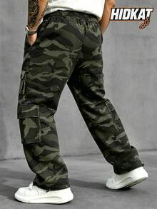 Men's Autumn Camouflage Cargo Pants With Multiple Pockets, Drawstring Hem, Sports Casual Streetwear - Army Green - View 3
