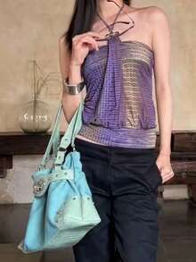 Tas Tote Bahu Kasual Harian Wanita Gaya Y2K dengan Dekorasi Rivet Warna Blok dan Logo Logam, Tali Bahu Dapat Diatur, Kapasitas Besar, Cocok untuk Perjalanan dan Belanja - Hijau - View 4