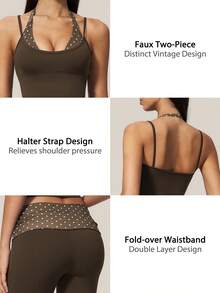 TimeOff Women's One Set Polka Dot 2 In 1 Patchwork V-Neck Halter Tank Top & Folded Waist Mid-Length Pants Sports Set - Brown - View 4