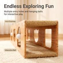 Cat Scratcher Tunnel House, Detachable Multi-Hole Cardboard Cat Box With Hanging Ball, Large Multi-Cat Interactive Rest Box - Khaki - View 6